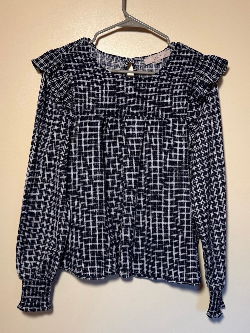 LOFT Black & White Check Ruffle Shoulder Long-Sleeve Top